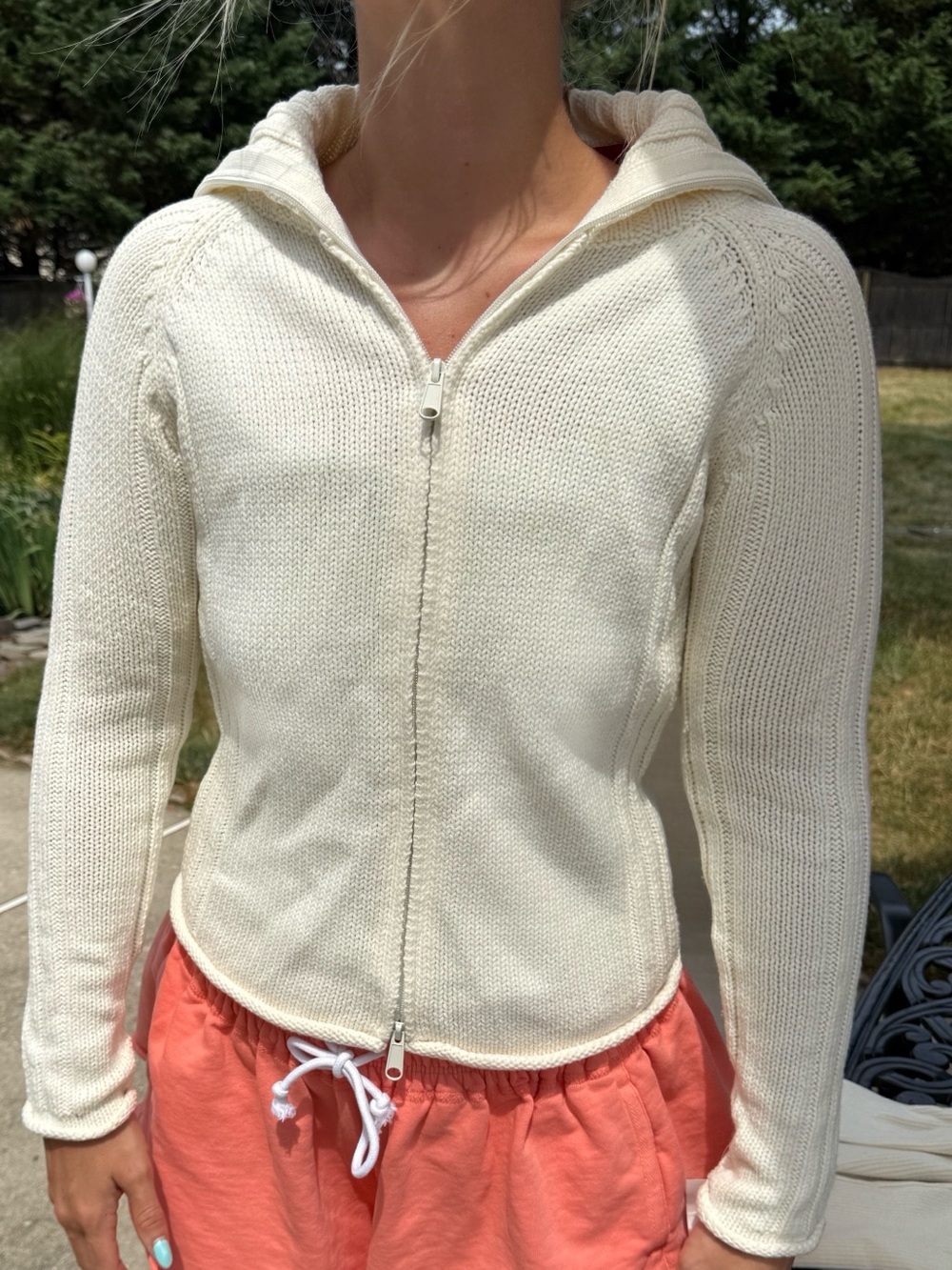 Cream Zip-Up Knit Hoodie